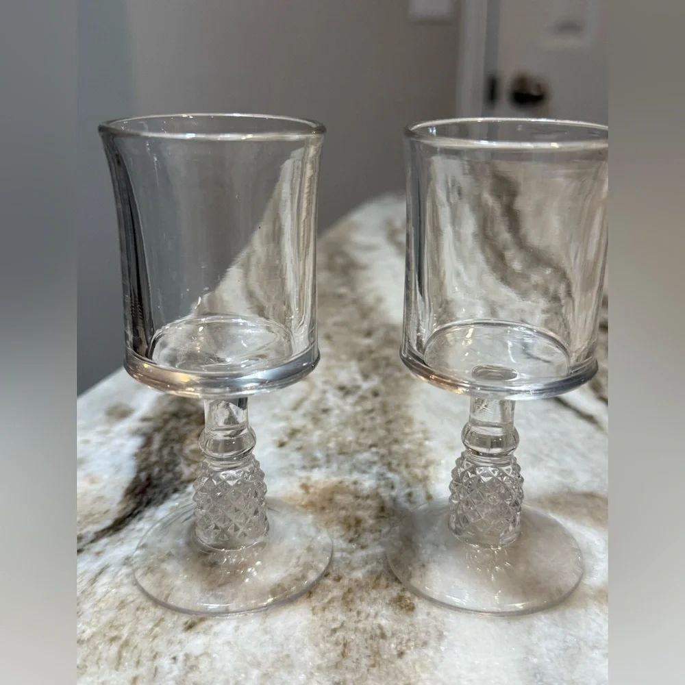 Vintage Pressed Glass Cordial Goblets Pair, 4.25” Diamond Cut Stems liqueurs